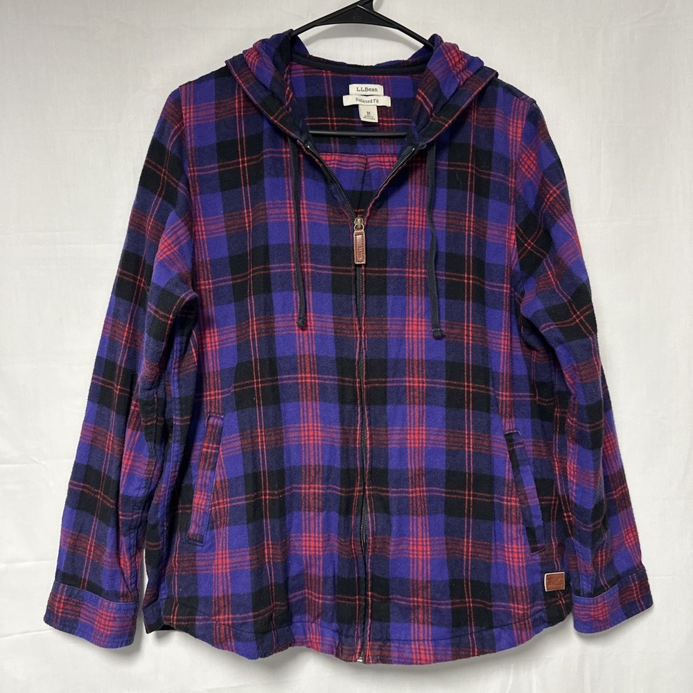 LL Bean Women's Medium Purple Scotch Plaid Full Zip Hooded Relaxed Fit Jacket